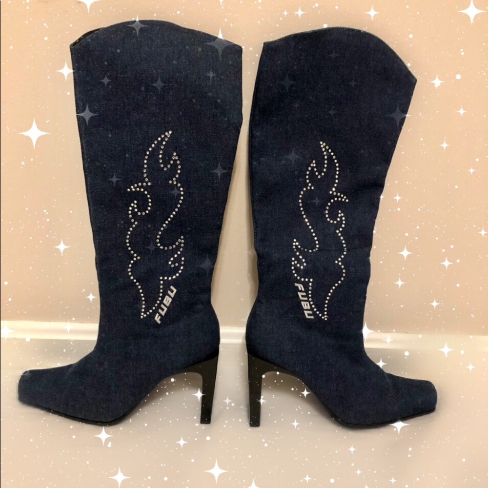 Rare vintage denim Fubu rhinestone flame boots